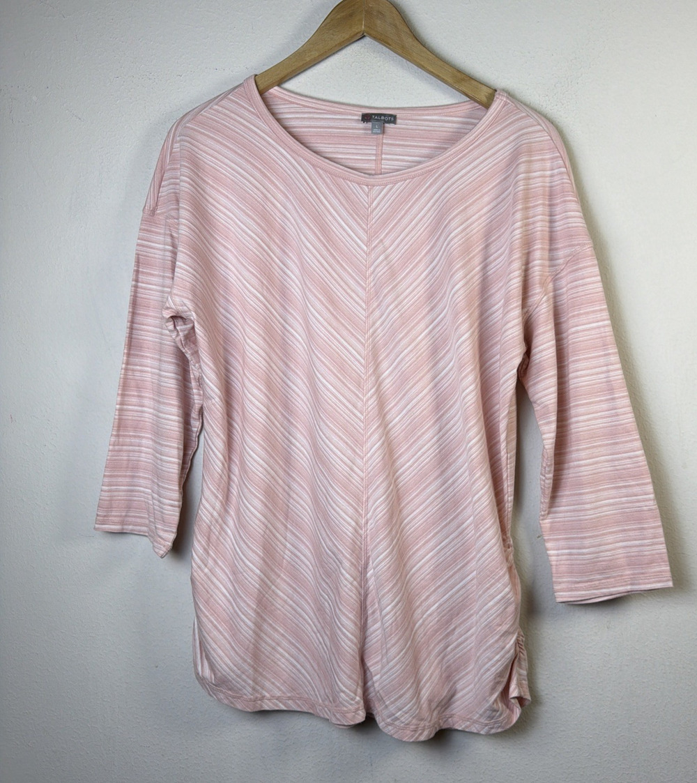 TALBOTS Blouse Womens large Top Striped 3/4 Sleeve Pink White gathered sides